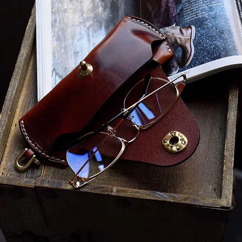 First layer denim leather glasses case low beam glasses for men and women portable hanging rope storage box Tanned 250409