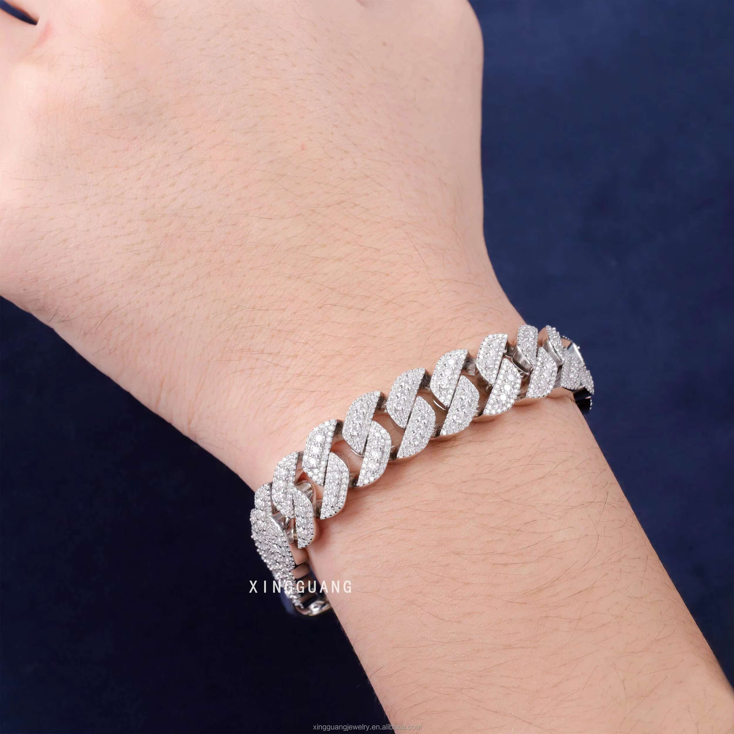 Hip Hop Rapper Moissanite Cuban Bracelet 13mm 15mm S925 Silver Bracelet for Men Women VVS Moissanite Diamond Cuban Bracelet