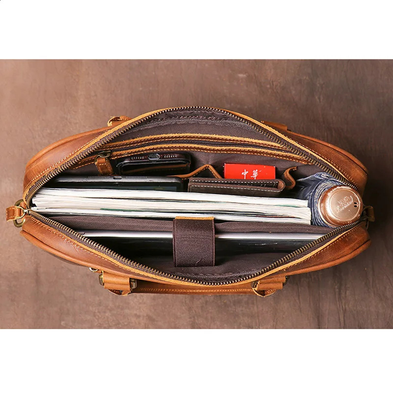 Vintage mens leather briefcase high-quality cross body bag business brown handbag messenger bag mens notebook bag 250410