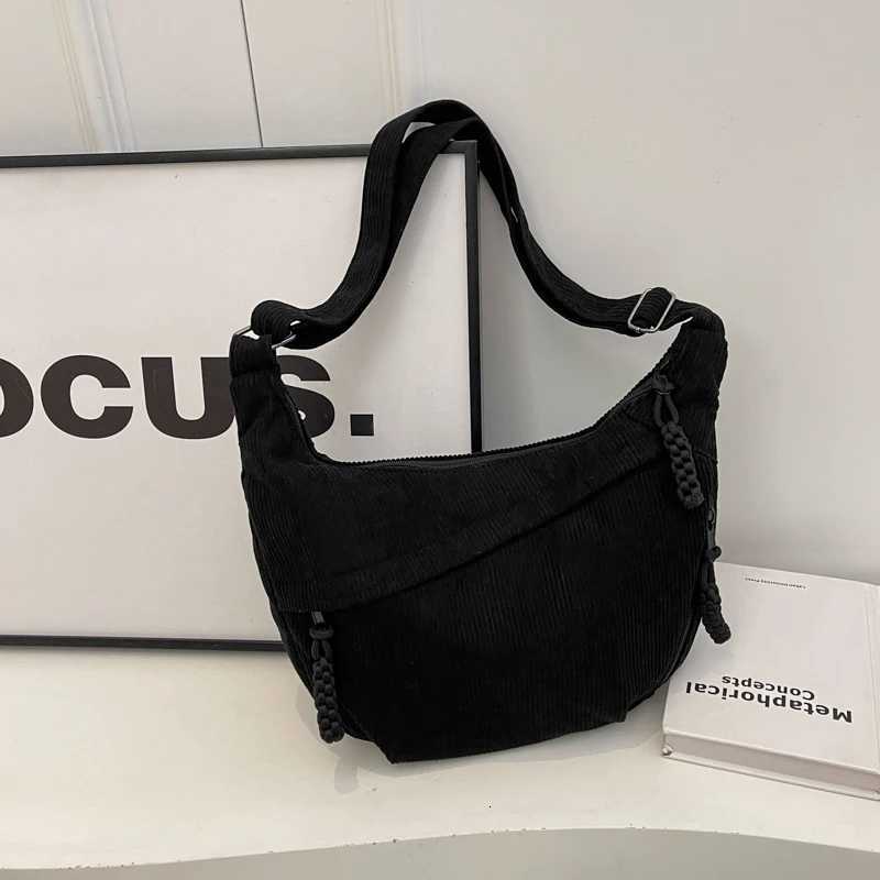 Women Fashion Shoulder Bag Multi-pockets Daily Messenger Bag Adjustable Strap Corduroy Half Moon Bag with Pendant Commuting BagT251110