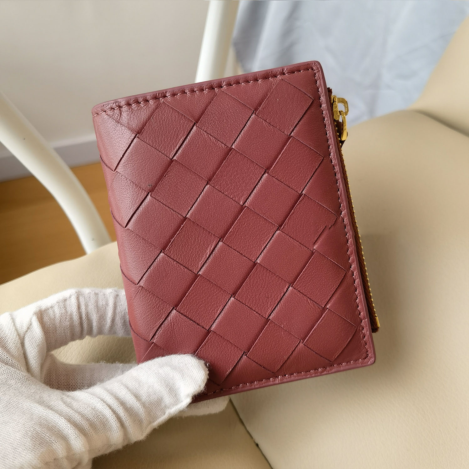 Sheepskin hand-woven short wallet coin purse zipper bag genuine leather billfold card holder integrated storage bag trendy