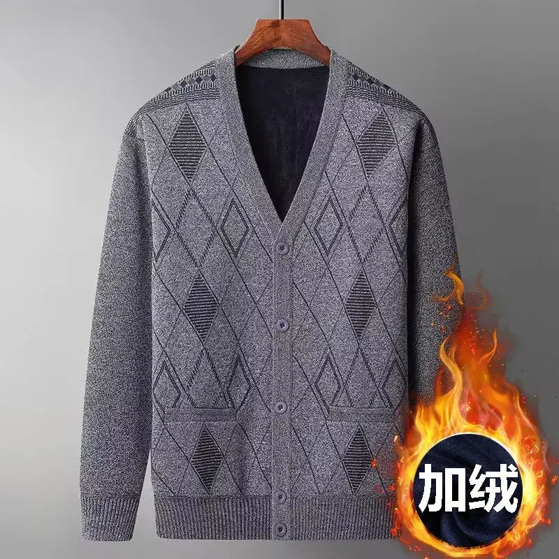 Winter Plush and Thickened Middleaged Elderly Mens Knitted Cardigan Sweater Jacket Vneck Dad Loose Knit 251030