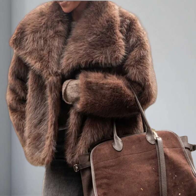 Brown Big Collar Thick Warm Faux Fur Coat Women Fashion Long Sleeves Loose Furry Short Jackets Autumn Winter Lady Streetwear