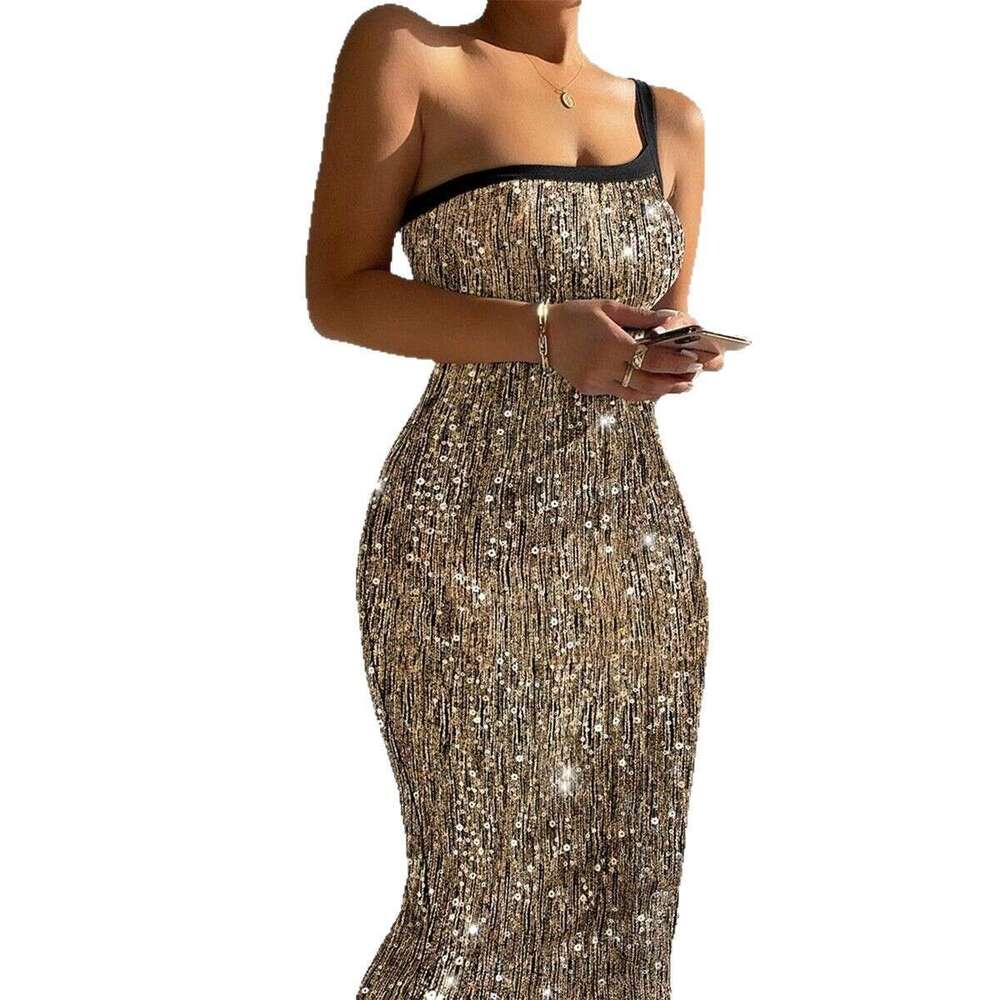 Women's New Fashion Sequin Retro SEXY DRESSES FOR WOMEN One-Shoulder Strap Backless Stretch Night club maxi dress