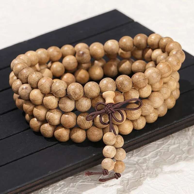 JD Natural Light Golden Silk Sandalwood Buddha Bead Multilayer Bracelet Women Men Mala Prayer Hand String Meditation Jewelry