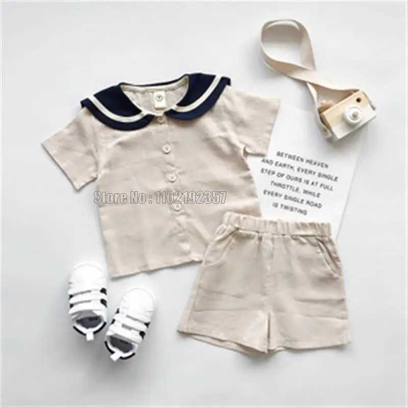 Navy sled childrens sailor collar cotton linen T-shirt+pants 2-piece summer clothing set for boys and girlsXJ250410
