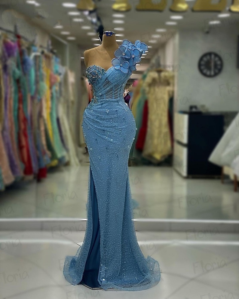Blue One Shoulder Prom Dress 3D Flowers Beaded Evening Dresses Elegant Formal Guest Gowns Customized Birthday Wear