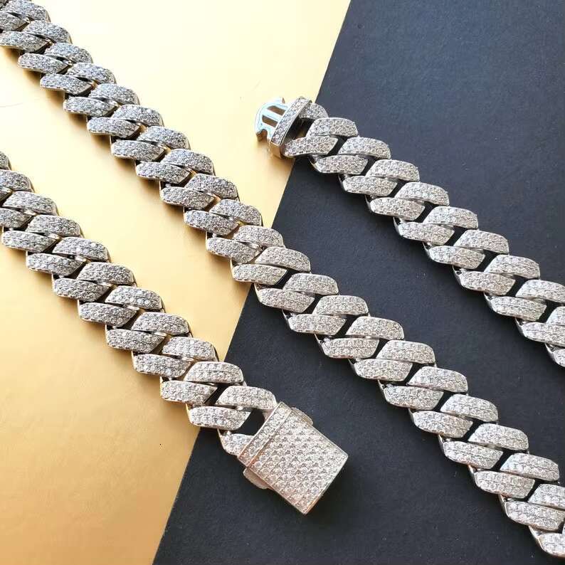 14MM Iced Out Hiphop VVS Moissanite 925 Sterling Silver Gold Plated Bling for Gifts Sparkling Cuban Link Chain