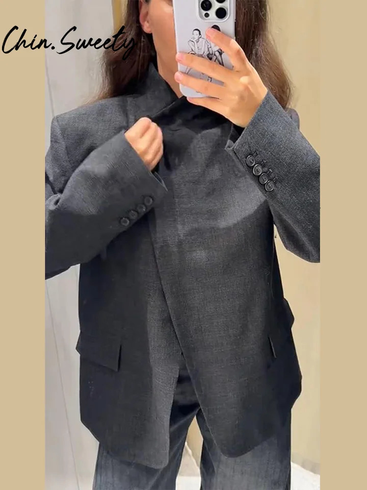 Loose Solid Coat Pants Women Set Long Sleeve Stand Collar Single Button Blazer Striped Trousers 2025 Autumn Winter Lady Outfit 251105