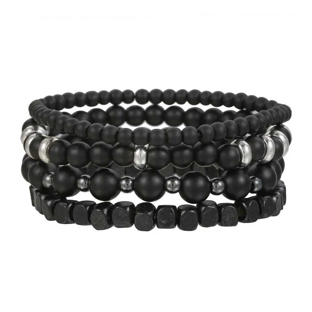 4Pcs/Set Black Gall Stone Volcanic Stone Wood Beads Multi-layer Mens Combination Elastic Bracelet For Couple Friends JewelryC250410