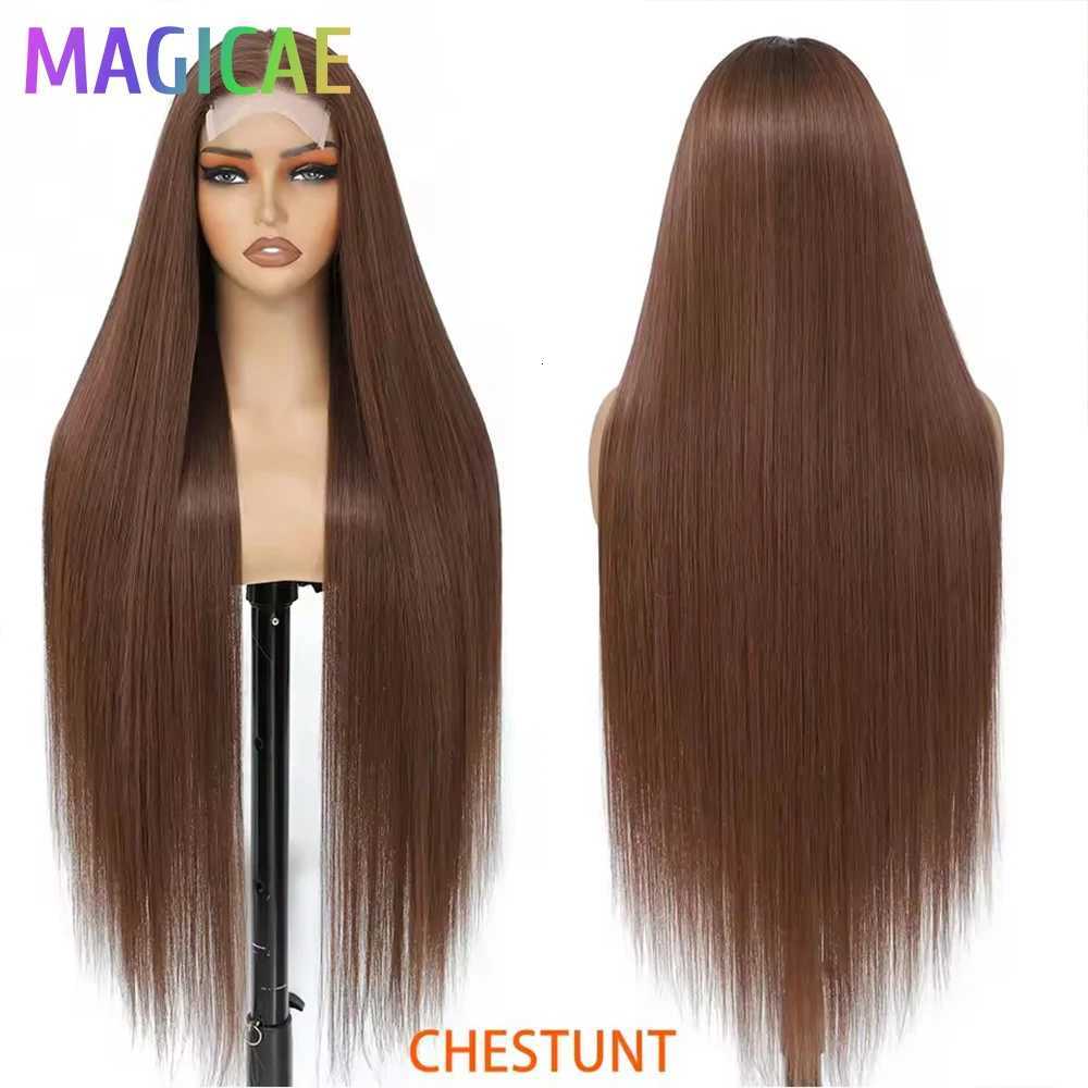 Magicae 330Grams 36Inch 4x4 Lace Front Wigs Chestnut Brown Wigs Ombre Highlight Straight Blond P27/613 High Temperature CosplayT251111