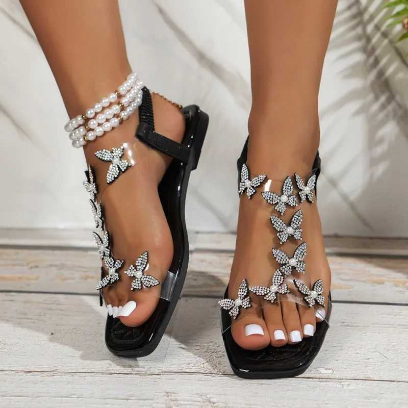 Womens Sandals Summer New Flat Butterfly Rhine Pearl Sandals Casual Lightweight N-Slip SandalsXJ250410
