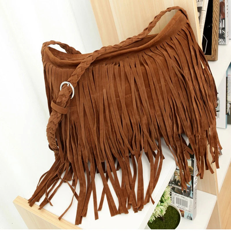 Womens Fringed Leather Shoulder Bag With Adjustable Knitting Strap Soft Ethnic Style PU Messenger Bag Solid Color 251110