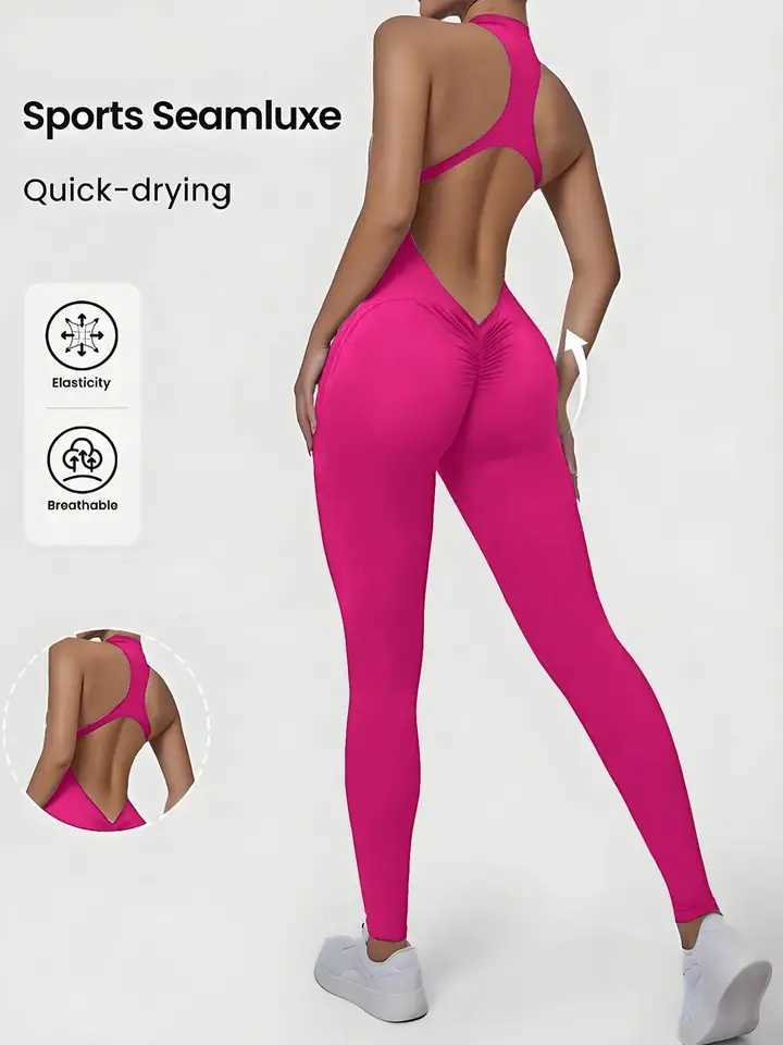 Stand up collar fitness jumpsuit with zipper and hollow back quick drying exercise jumpsuit womens yoga jumpsuitW250411