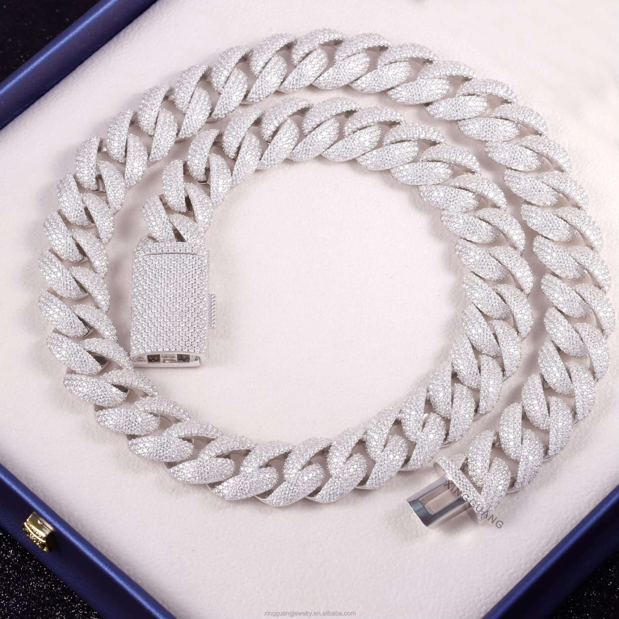 XG Rts 17mm Curved Moissanite Cuban Chain Hiphop Cuban Link Chain for Men Silver Fine Jewelry Necklace Diamond Cuban Chain