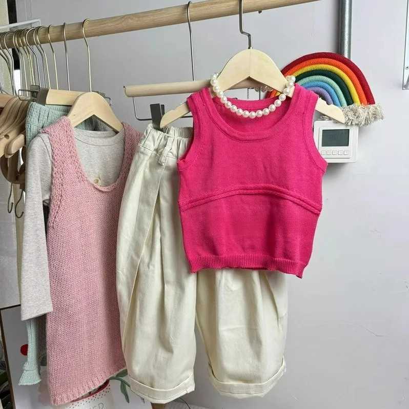 Korean Summer Toddler Girl 2PCS Set Solid Knitted Tank Top Casual Elastic Waist Straight Pants Baby Clothing Baby SetXJ250410