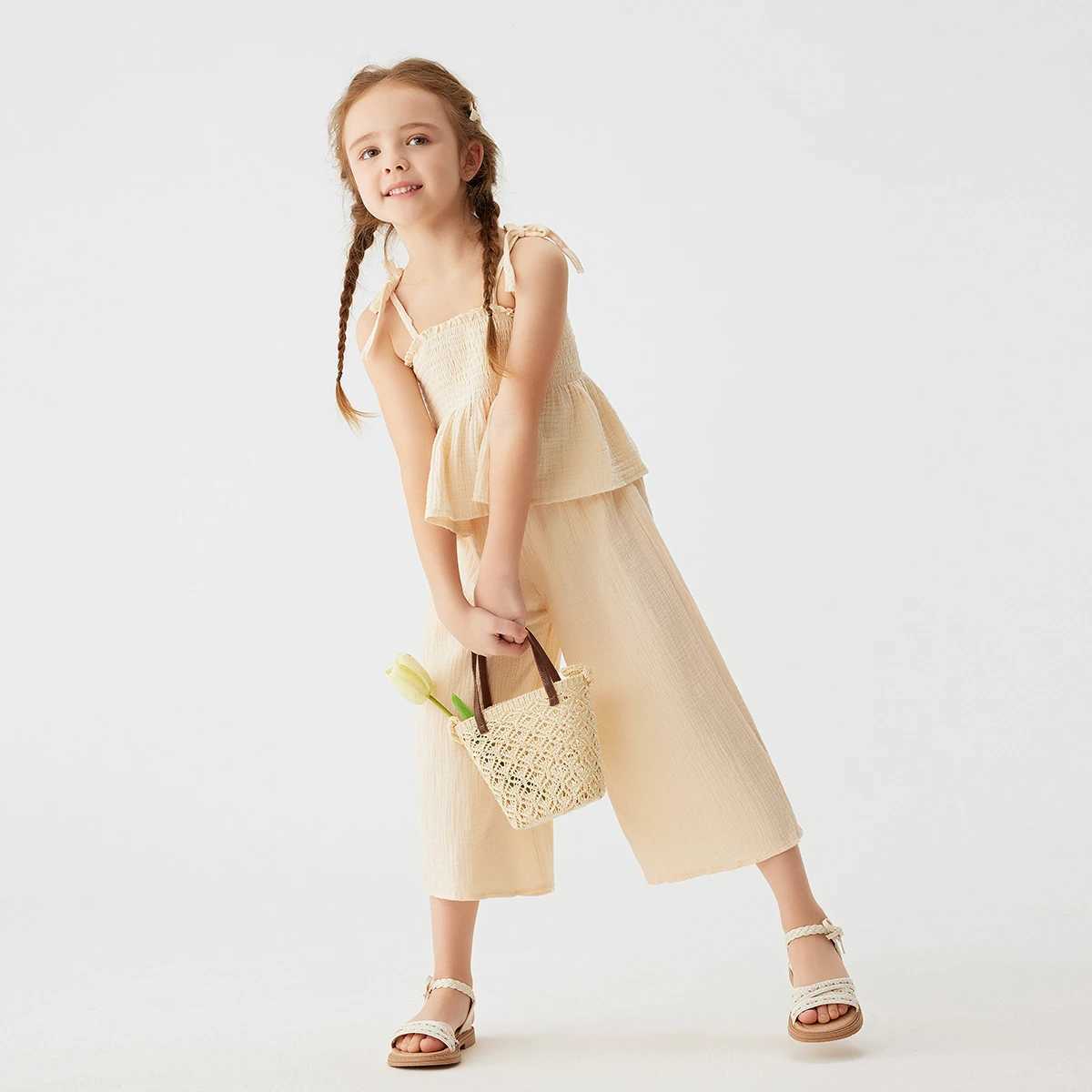 2024 Summer Girls and Childrens Plain Cotton Set Solid Color Pendant+Wide Leg Pants 2PCS Clothing Set Sweet and ComfortableXJ250410
