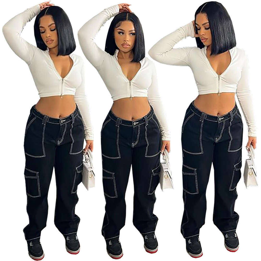 Women's Wear Women's Wear Jeans Women's Street Fashion High Waist Open Thread Straight Leg Casual Pants