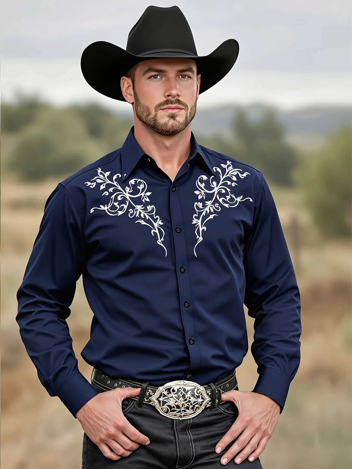 2025 Mens Tribal Pattern Long Sleeve MenS Black Western Cowboy Shirt Western Event Attire Stylish MenS Shirt Slim Fit Shirt K251110