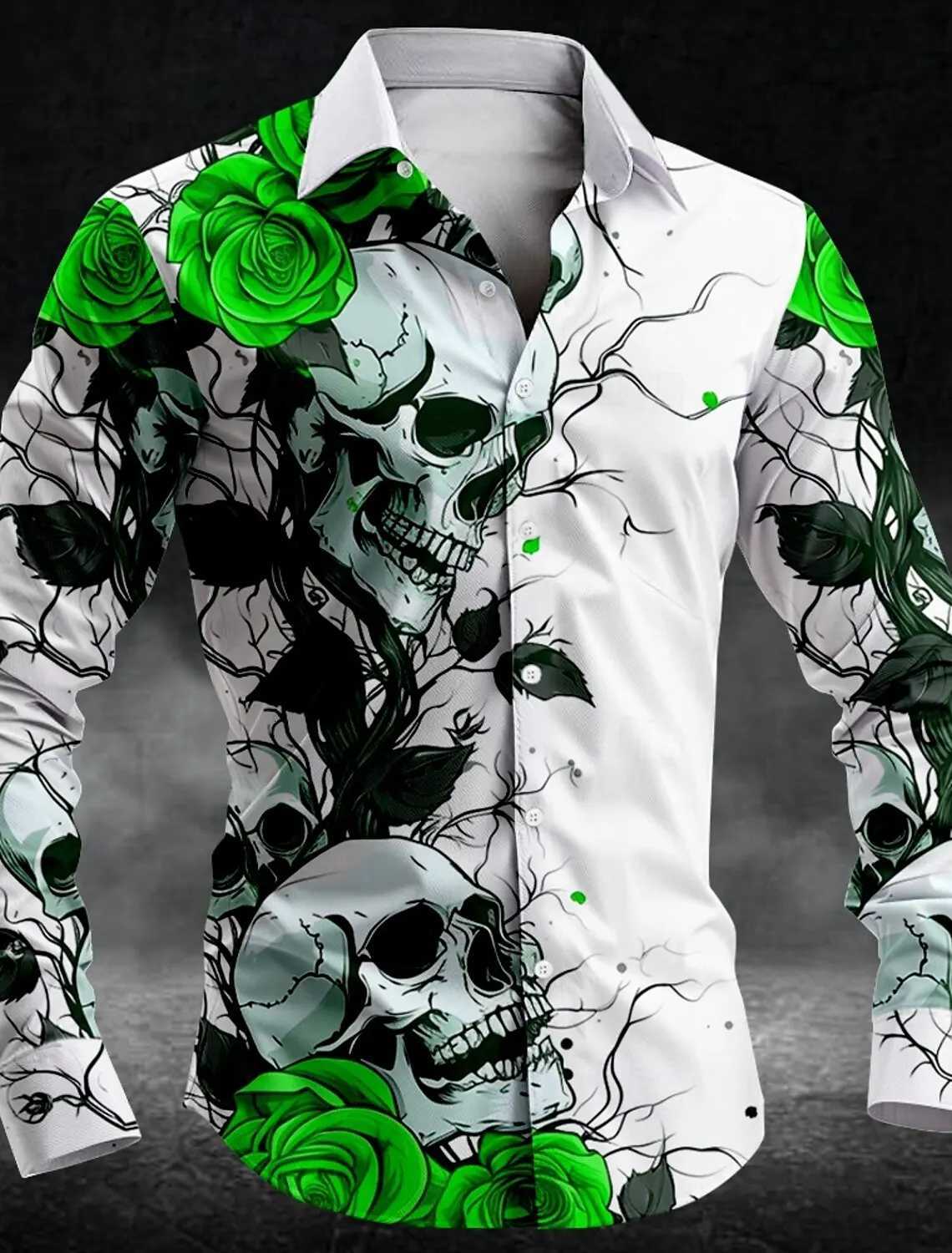 Mens Rose Skull Casual Dark Mens Button-Down Shirt Long Sleeve Party Evening Daily Shirt Collar Button K251110