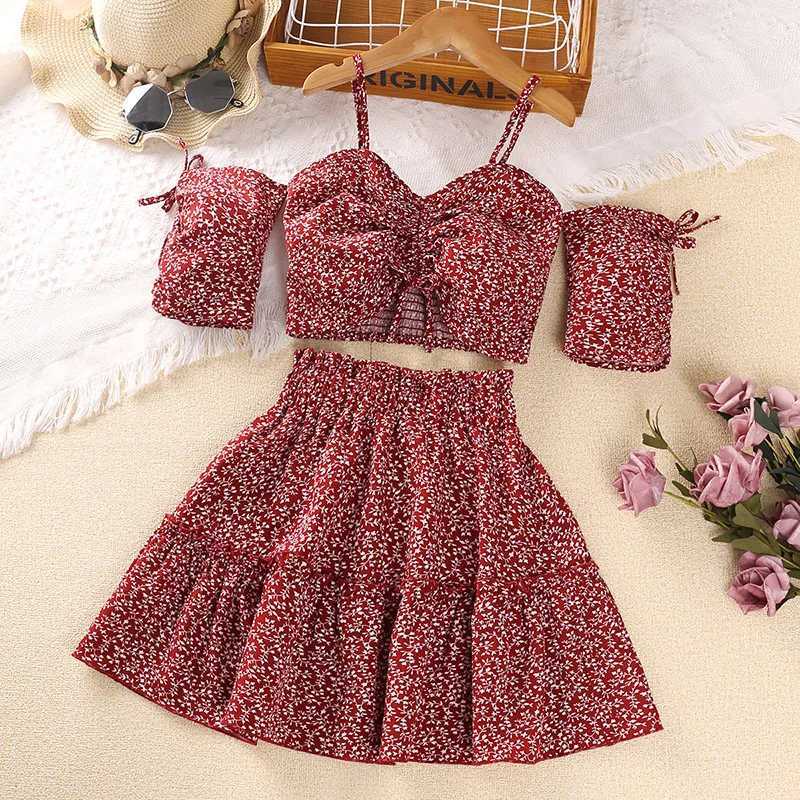 Girls Set 8-12 Year Old Little Girls Red Flower Strap Top+Red Flower Skirt Korean Sled Set Summer Casual Clothing SetXJ250410