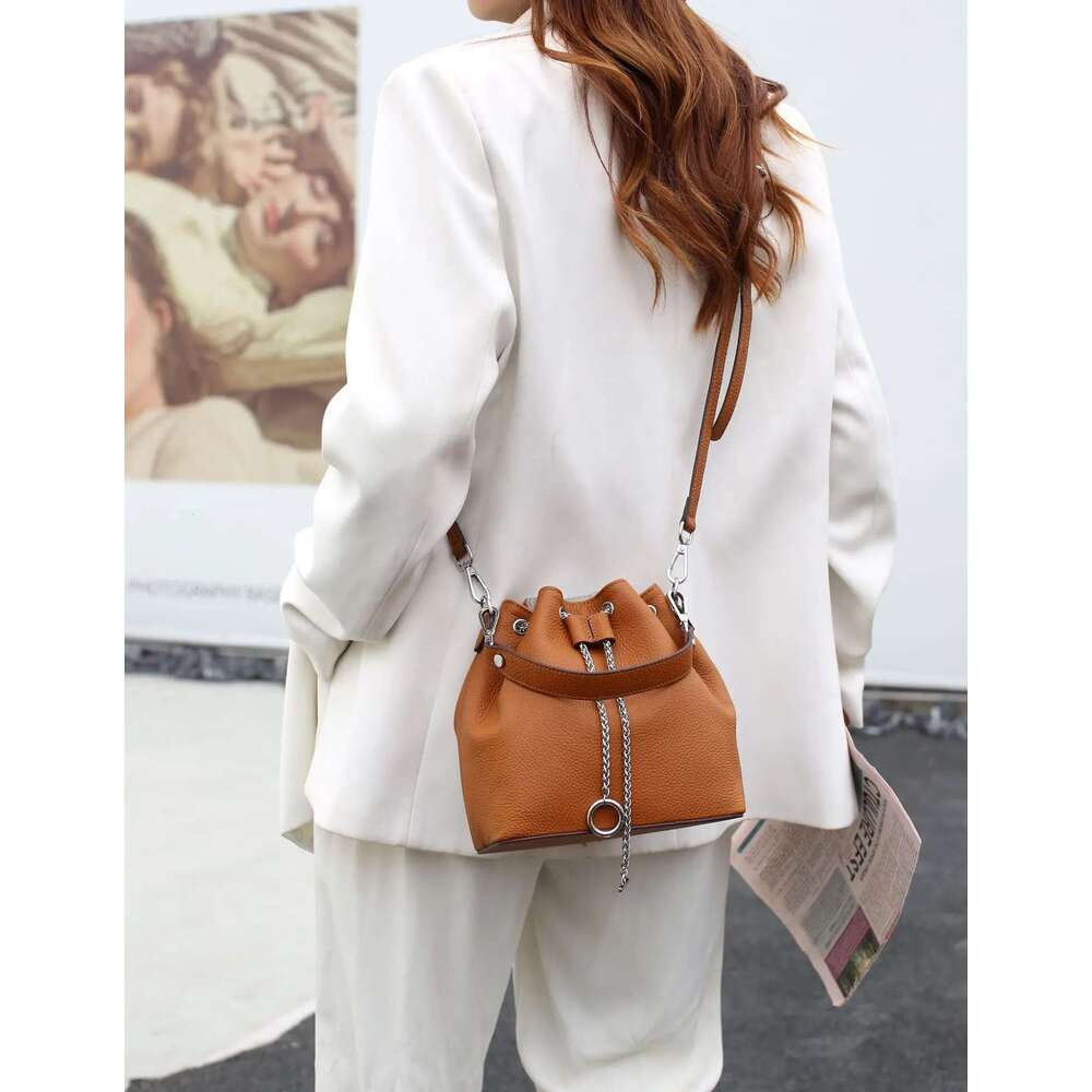 Cow Women's Handbag Small Shoulder Crossbody Bag Fashionable Large Capacity Bucket Bag, Pull Rope Closure Soft Leather