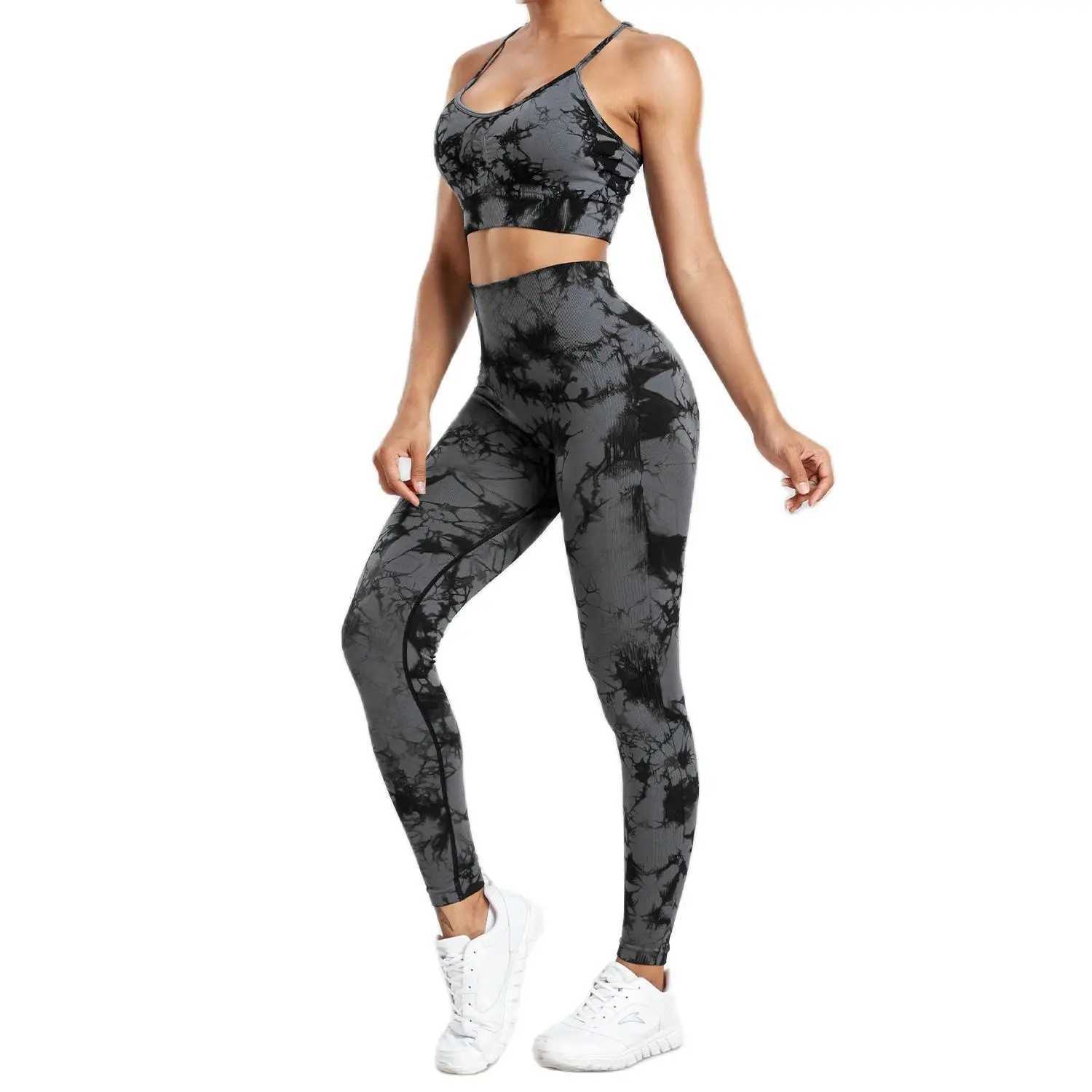 CHREISURE Womens Tie Dye Yoga Set Seamless Fitness Set Exercise Legs with Running Bra Activity Suit Womens Elastic Fitness SuitW250411