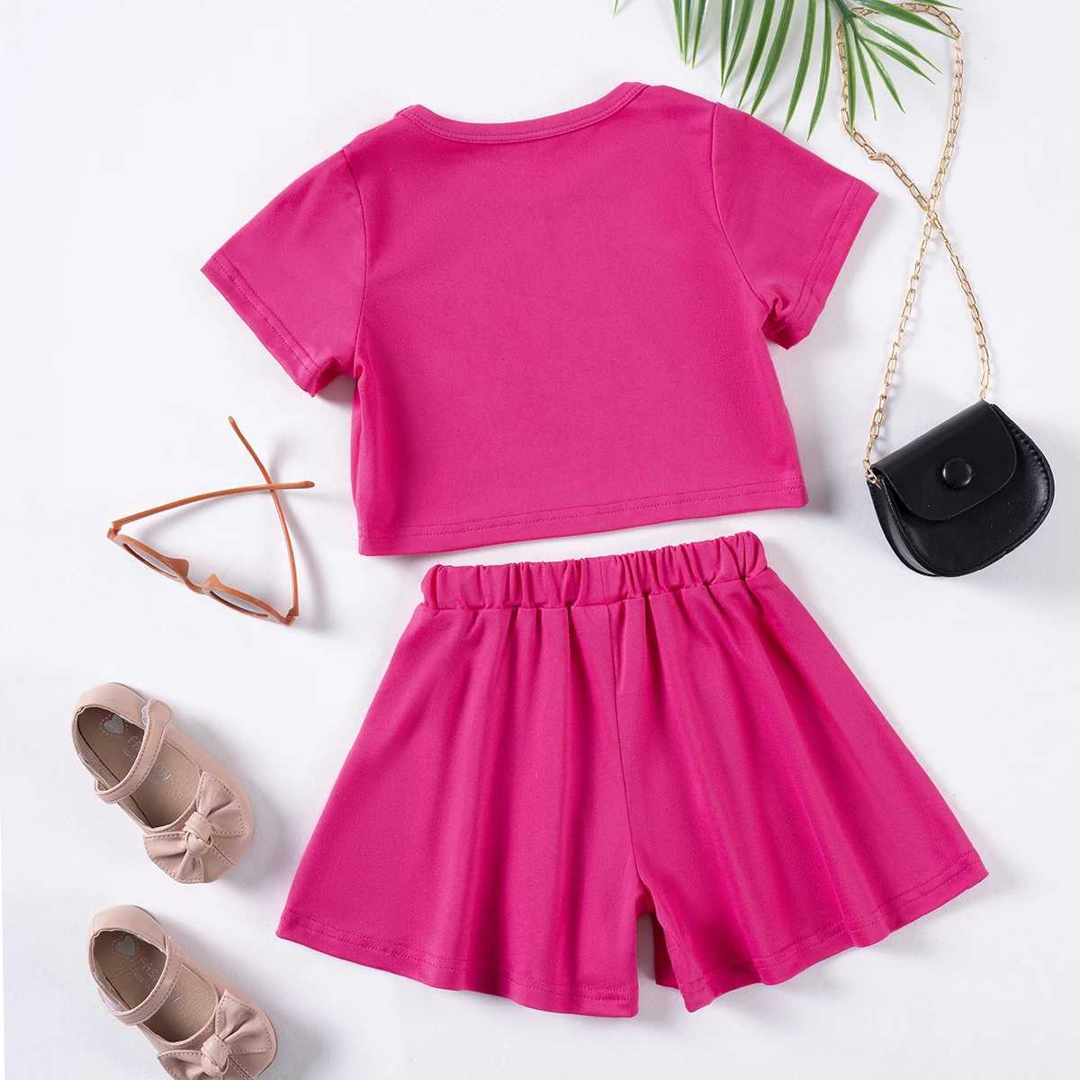 Young Girls Summer New Double Heart Printed Solid Color Set Short Sleeve Casual 2-piece Childrens Fashion Clothing Sweet and CuteXJ250410