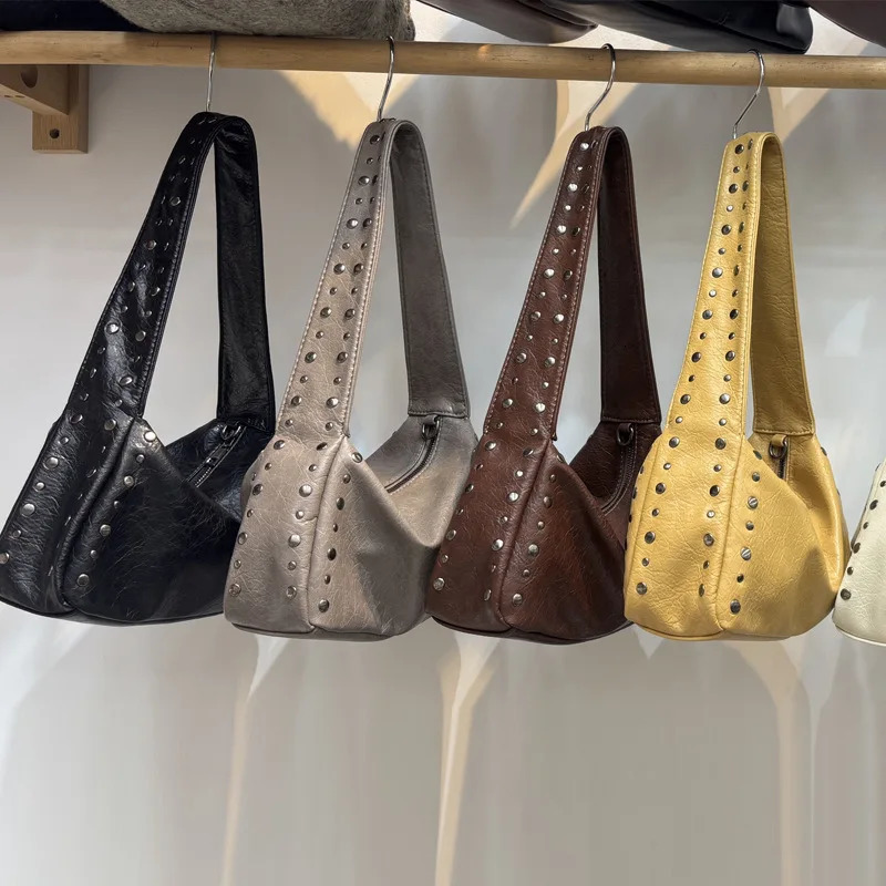 Punk Style Rivet Soft Leather Underarm Bags Women Solid Color Casual Shoulder Bag Large Capacity Lady Handbags bolsas 251110