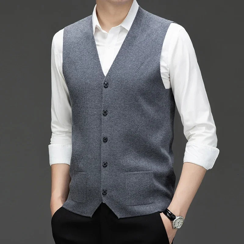 Warm Knit Vest Button Fashion Vneck Sleeveless Sweater Autumn Top Thick Mens Western Casual Suit Business Clothes 251104
