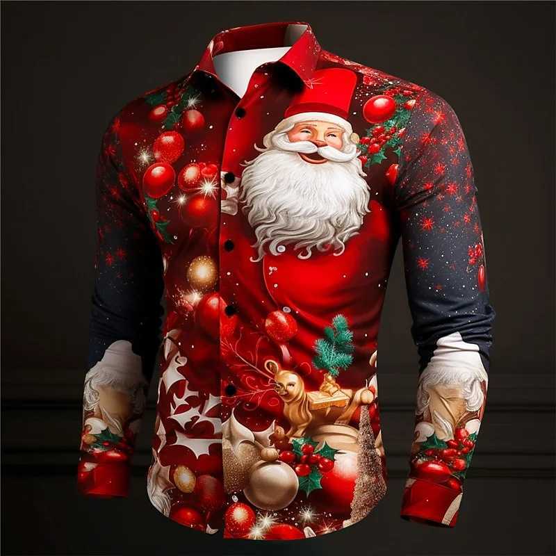 2024 Fashion Christmas Themed 3D Printed Mens Casual Long Sleeve Shirt Street Wear Party Size Shirt Santa Claus Hot Sale K251110