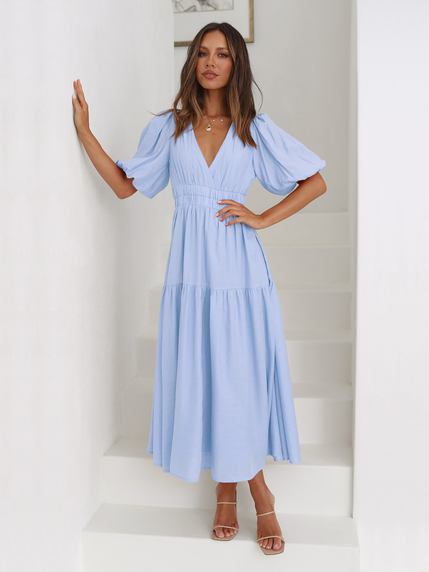 F48Elegant Deep V High-Quality Puff Sleeve Dress for Women - Perfect for Summer Holidays