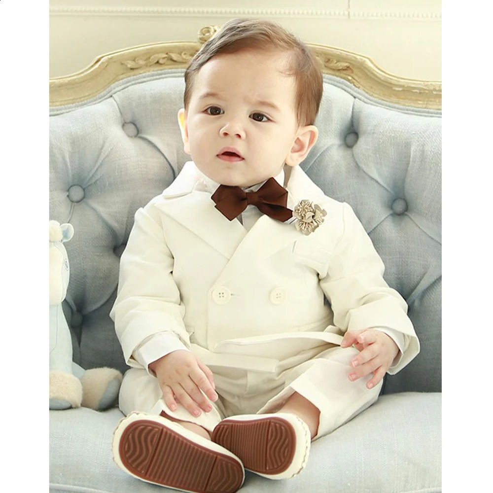 Kids Boys White Blazer Suspenders Pants 3PCS Set Children Baptism Wedding Suit Baby Boy Elegant Dress Party Costume 250410