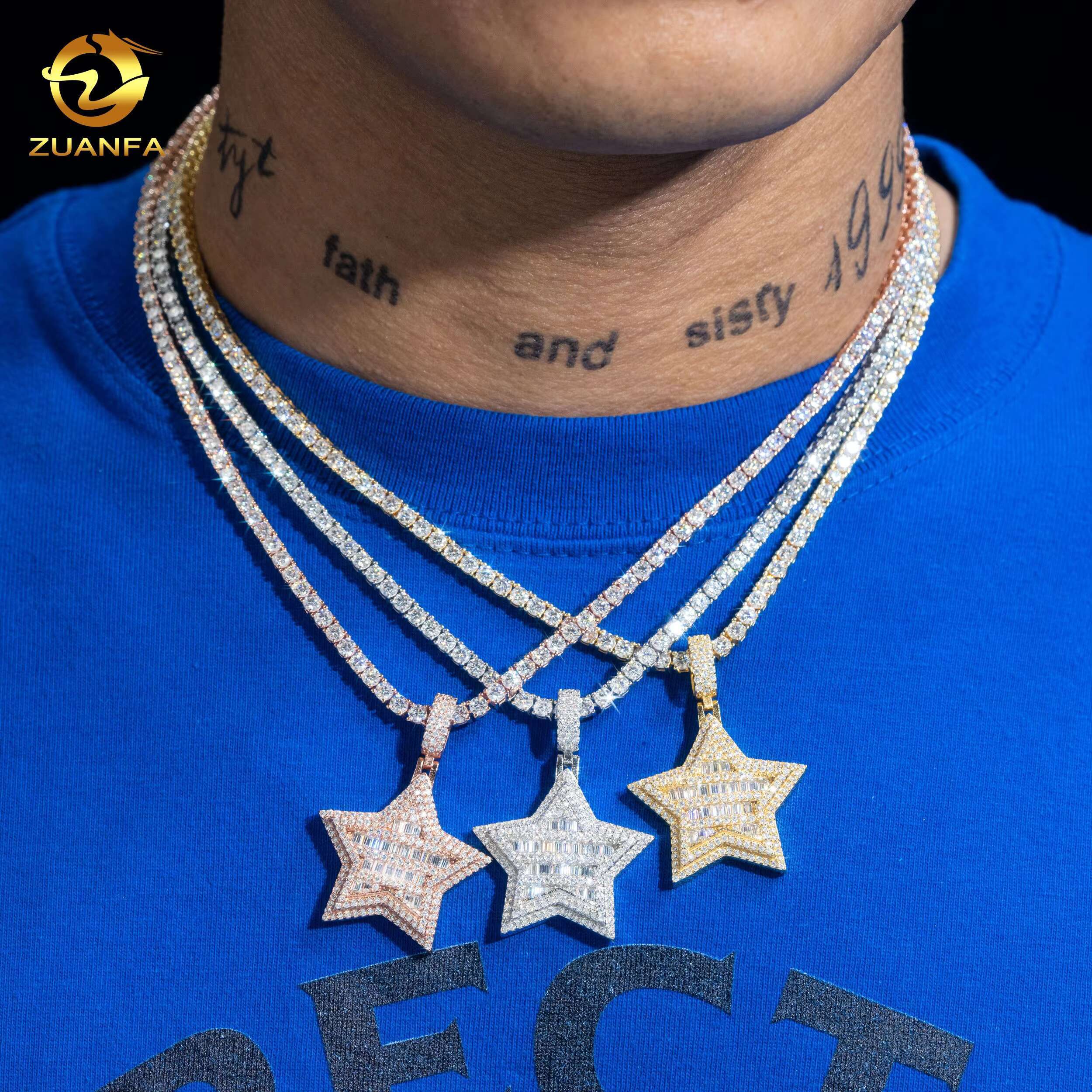 Factory Wholesale Luxury Hiphop Gold Plated Diamond Star Pendant Iced Bling Charm Necklace Men Iced Out VVS Moissanite Pendant