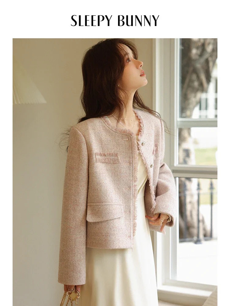 Spring Women Tweed Suit Set Elegant Round Neck Short Coat and A-Line Skirt Vintage Style Loose Fit Chic Two-Piece Outfit 251106
