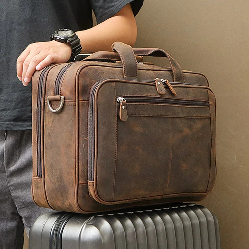 High quality genuine leather mens briefcase business bag Crazy Horse large 17 inch notebook combination office 250409