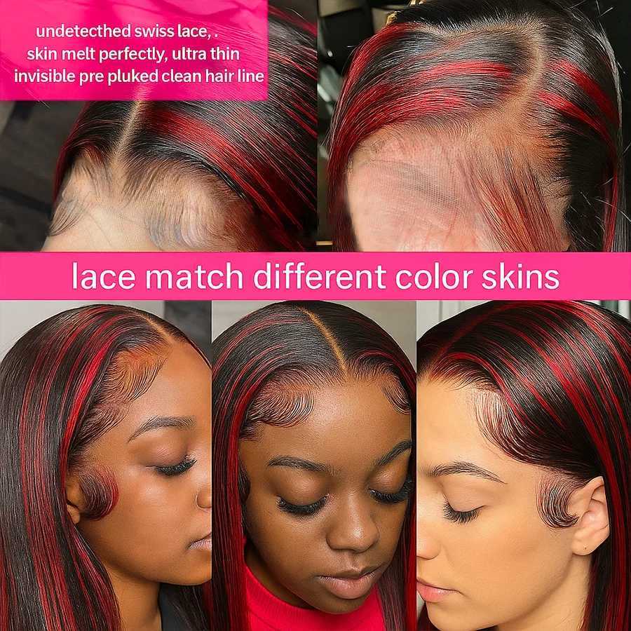 No Silk 1B/99J Highlight Straight 5x5 Glueless Wig Human Hair Vietnamese PrePlucked Ombre Red With Black Colored Lace Front WigsT251111