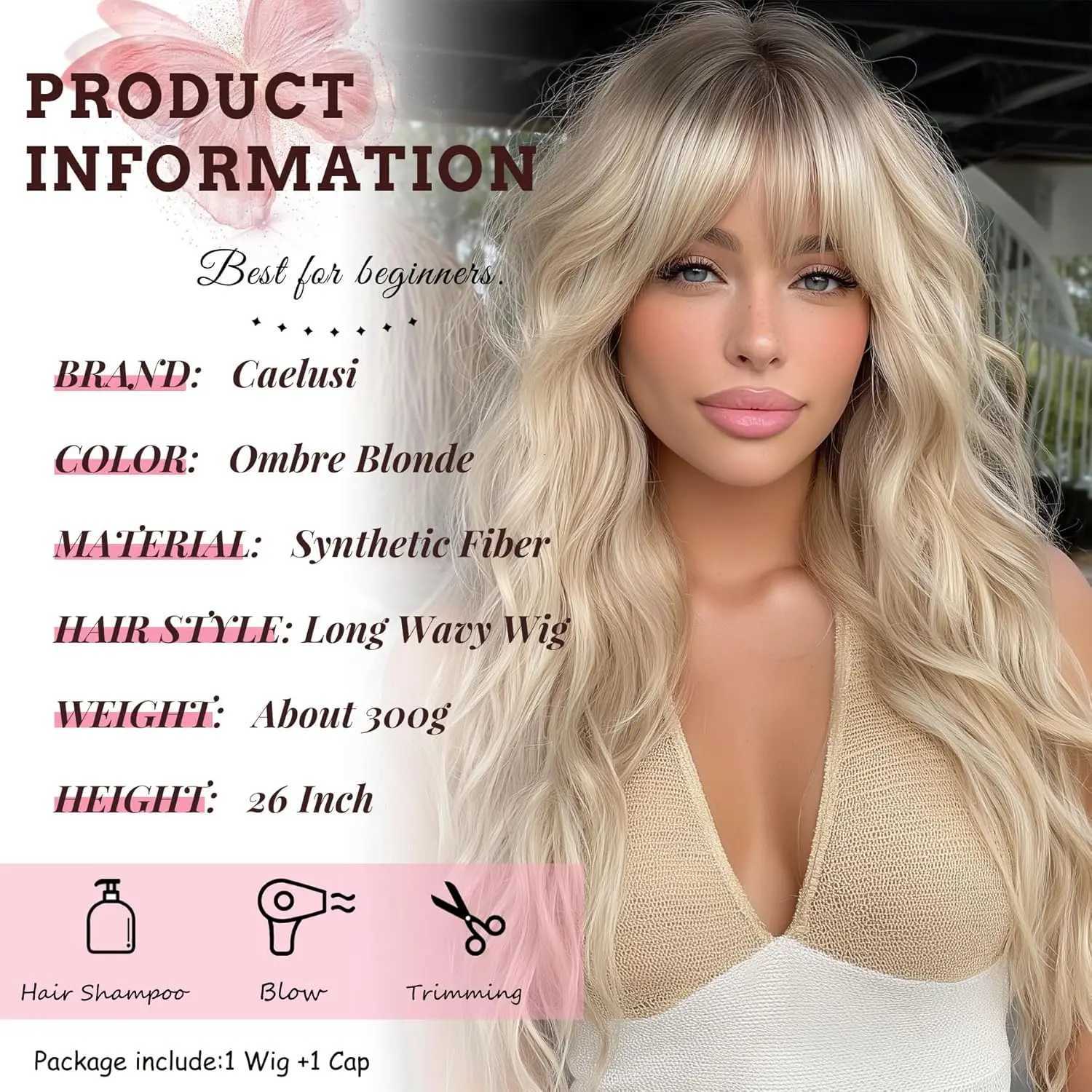 Ombre Blonde Wig with Bangs Long Wavy Wig Platinum Blonde Wigs for Women with Dark Roots Natural Synthetic Wigs Curly HairT251111