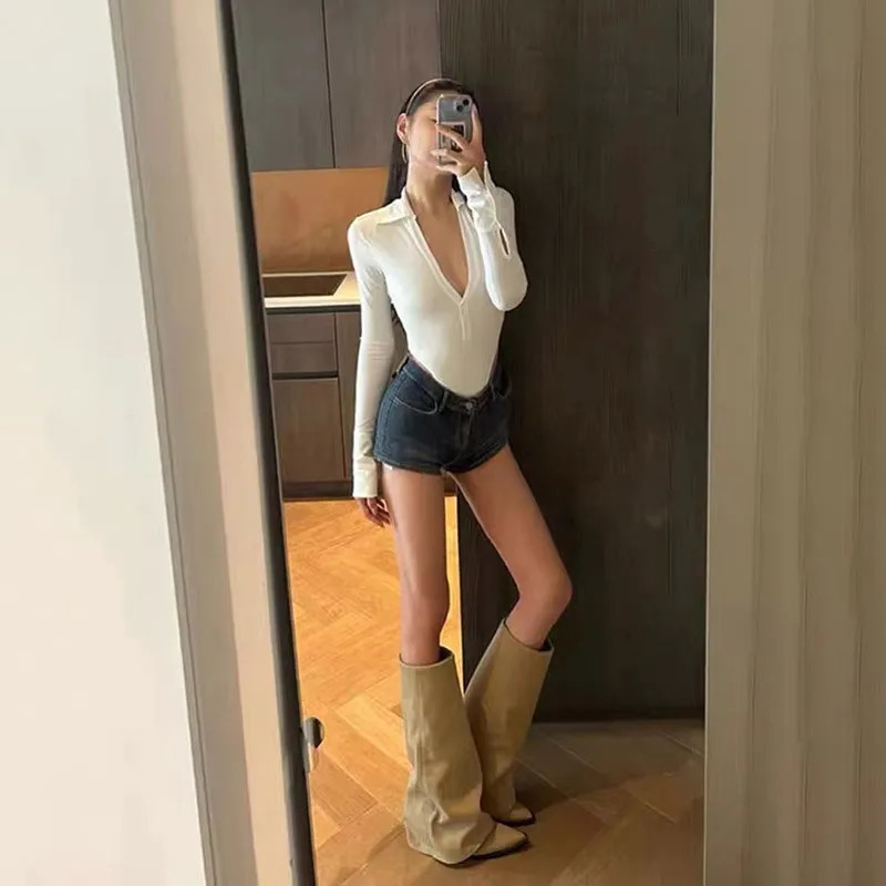 Explosion khaki cloth wide womens knee high boots Dwarf heel long womens shoes pointed womens winter boots 251110