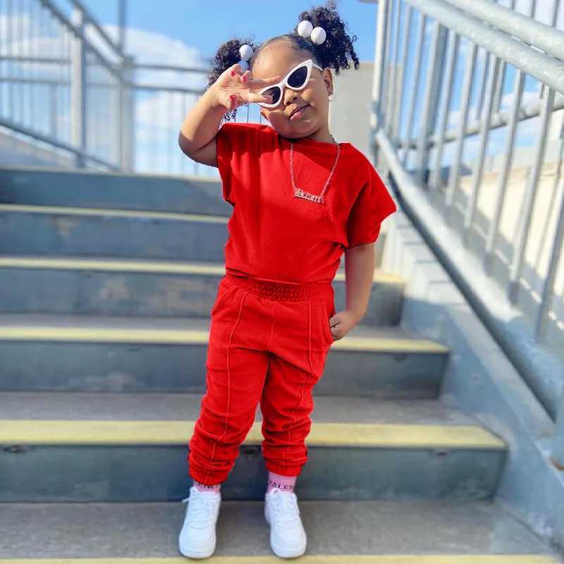 Fashion childrens and girls clothing 2-piece set of pure cotton casual T-shirt+elastic waist pants childrens clothing 1-6YXJ250410