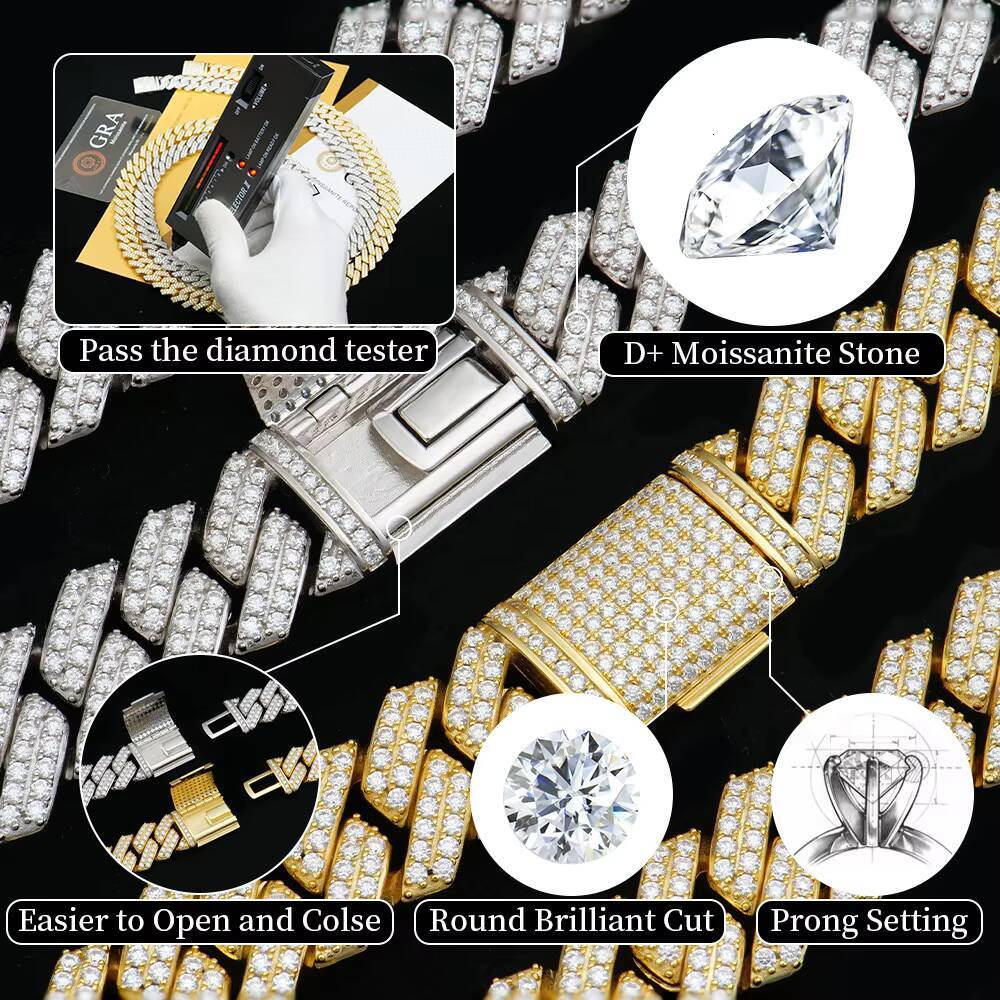 NewStyle Shiny Diamond Sterling Silver VVS Moissanite Sharp Angled 14mm Miami Cuban Link Chain HipHop Jewelry for Trendsetter