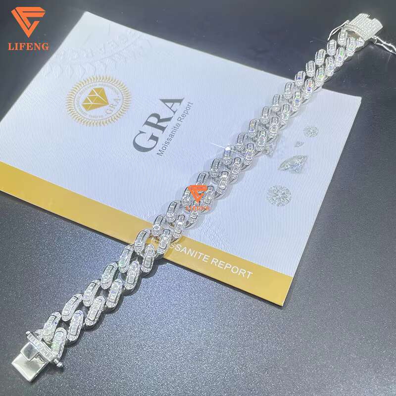 Lifeng Jewelry 14mm VVS Moissanite Baguette Cuban Link Bracelet Ice Out Hiphop S925 Sterling Diamond Bracelet