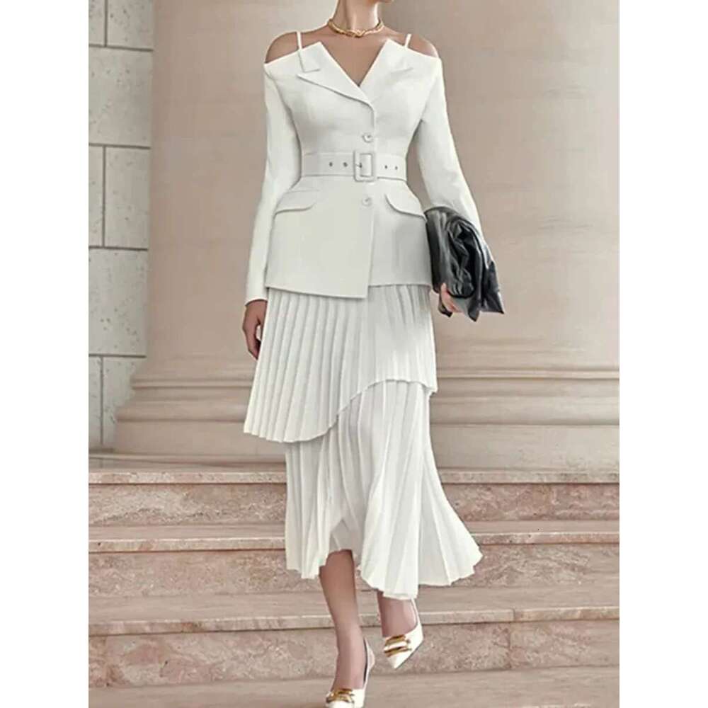 TWOTWINSTYLE Solid Two Piece Set For Women Slash Neck Long Sleeve Tunic Coat High Waist Temperament Skirt Sets Female Fashion