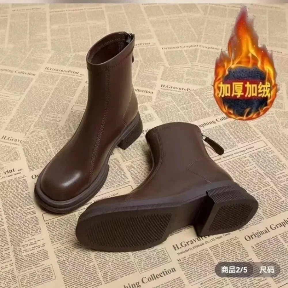 Ladies Shoes Concise Modern Womens Boots Classics Ankle Boots Women Round Toe Med Heel Back Zip Sewing Outdoor Shoes Women 251110