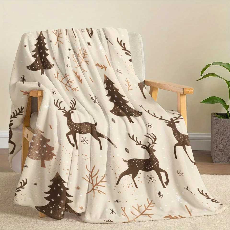 Christmas Elk and Trees Flannel Blanket - Features a modern digital print elk pine tree and snowflake design for home travel C251111