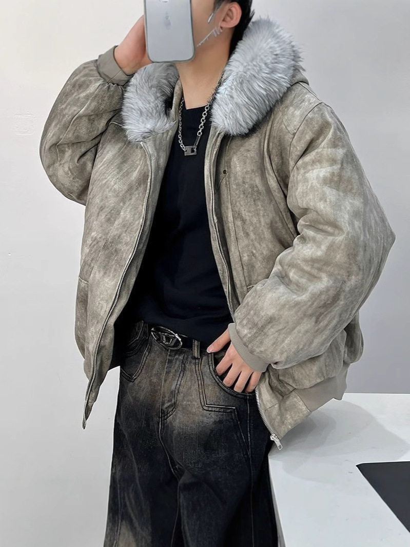 Men's Faux Fur Zip Jacket Y2k Collar High Street Fashion Design Pullover Harajuku Casual American Warm Thicken Cardigan Coat Parkas