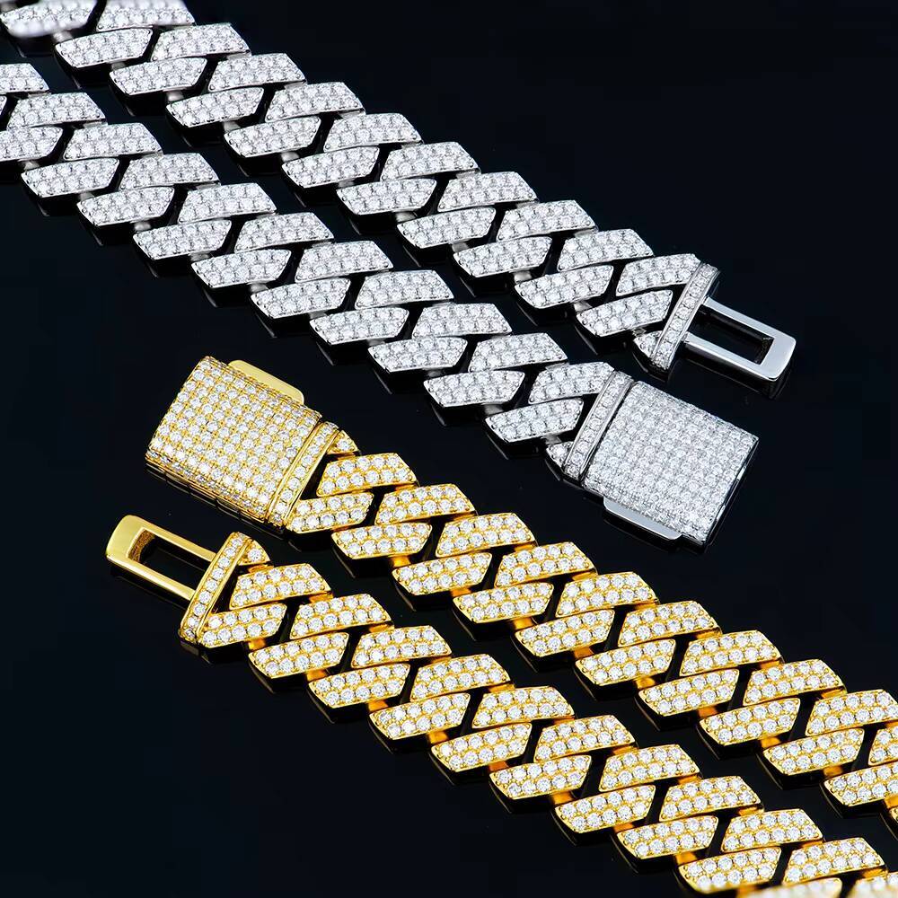 925 Silver Jewelry White Gold Yellow Gold Plated Moissanite Necklace 14mm Sharp Angled Style Cuban Link Chains for Hiphop Men