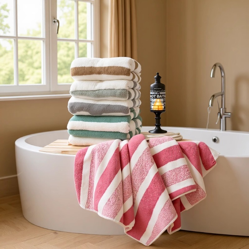 Extra Thick Velour Bathroom Linen for Adults Durable Non-Pilling Stripe Patterned Towel