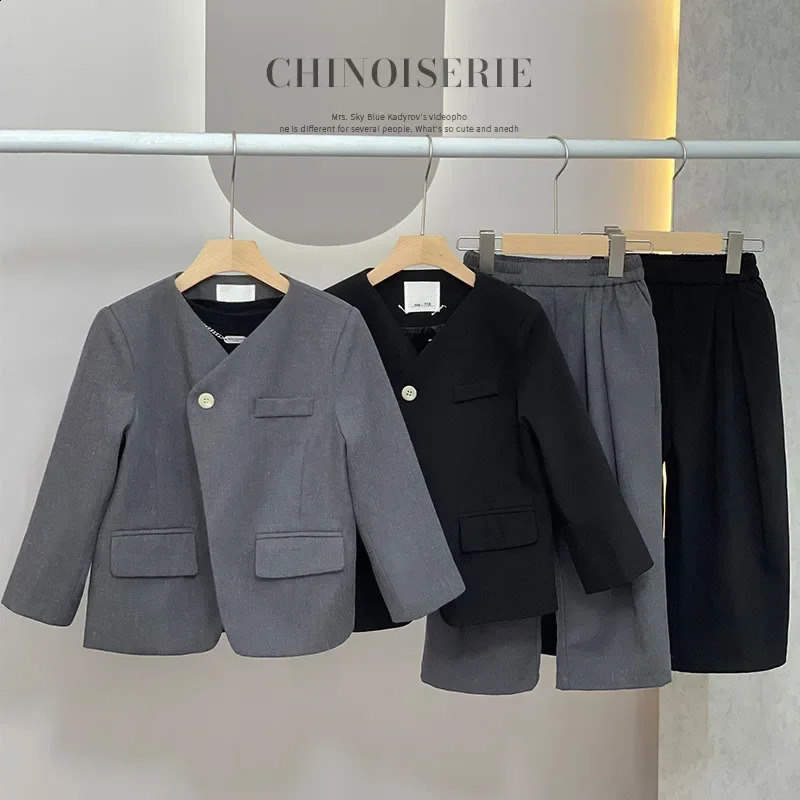 Girls Grey Suit Autumn Casual Loose Blazer Skirt Two Pieces School Uniform for Kids Wedding Party Formal Costumes 2-13 Year 250410