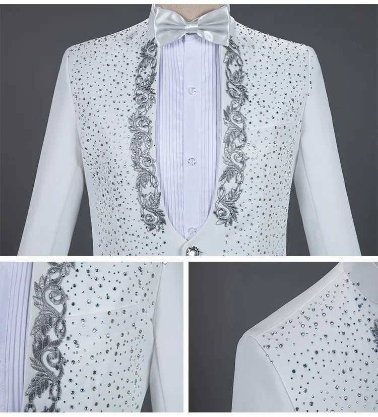 White sparkling crystal embroidered mens suit with pants wedding grooms evening gown mens standing collar stage costume mens wedding dress W250410